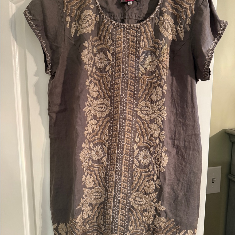 Johnny Was Linen Embroidered Dress - Taupe with Cream Embroidery